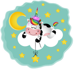 Night illustration with cow with unicorn horn on cloud