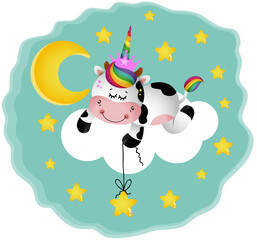 Fototapeta premium Night illustration with cow with unicorn horn on cloud