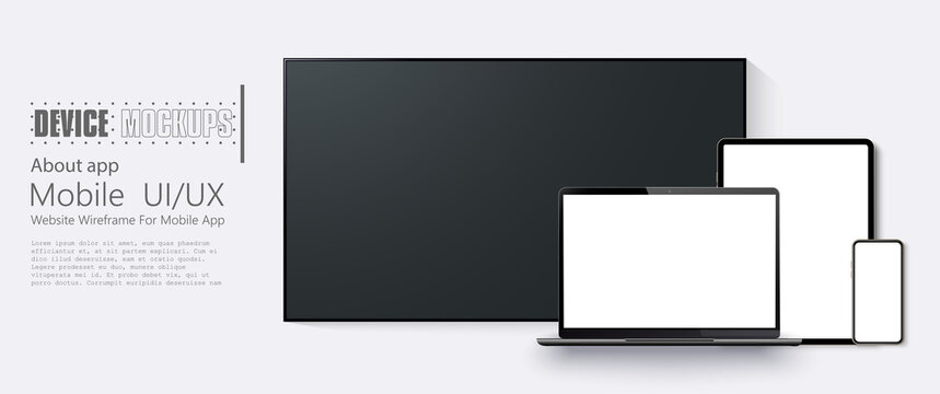 Set Of Modern Devices Mockups: TV, Laptop, Tablet Computer, Smartphone. Template For Infographics Or Presentation UI Design Interface. Vector Illustration