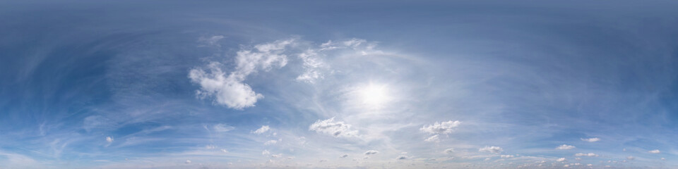 Fototapeta premium Seamless cloudy blue sky hdri panorama 360 degrees angle view with beautiful clouds with zenith for use in 3d graphics or game as sky dome or edit drone shot
