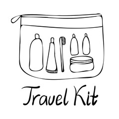 Isolated black and white set design illustration of lined travelling kit of cosmetics