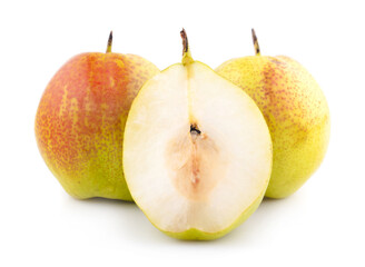 Fresh pears, one and a half yellow fruit isolated on white background