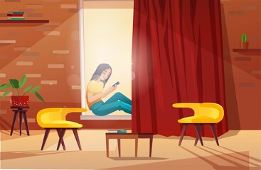 Fototapeta premium Girl sitting on the windowsill with a smartphone. Living room cartoon interior with big window, yellow chairs, red curtain. Vector illustration.
