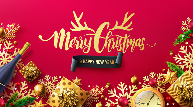 Merry Christmas and Happy New Years Red Poster with gift box and christmas decoration elements for Retail,Shopping or Christmas Promotion in golden and red style.Vector illustration EPS10