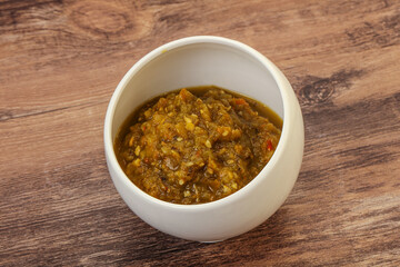 Green spicy sauce in the bowl