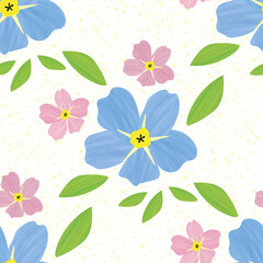 Obraz premium Forget-Me-Not floral seamless pattern background. Beautiful backdrop of painterly watercolor effect groups of pink blue mysotis flowers. Hand drawn botanical design. All over print for spring concept