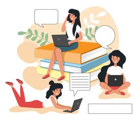 Vector illustration of three girls working at a computer on a white background. Concept students in the library. Workers in the office. Training