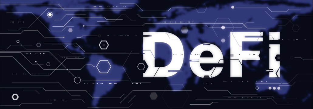 DeFi - Decentralized Finance and Crypto Finance Industry, futuristic wide banner concept