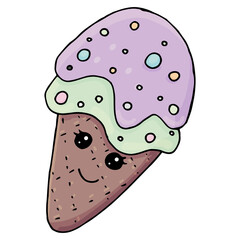 ice cream violet and blue in a waffle cone with eyes and with sprinkles, kawaii sweets, vector, cute children drawing