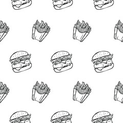 Vector pattern of fries and hamburger hand drawn. In black and white. Fast food. Perfect for printing on fabric, paper or for cafe menu backgrounds.