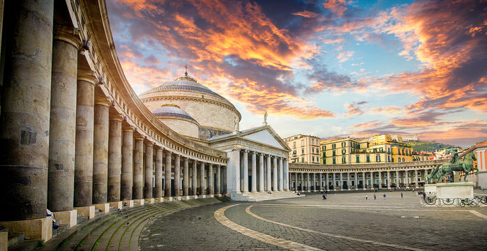 Plebiscito Square (Piazza del Plebiscito) in Naples, Italy (Napoli), city main square at sunset. Church San Francesco di Paola and Statue of Charles III