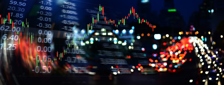 candle stick graph line of trade stock market and index number on glow blur city light banner business background