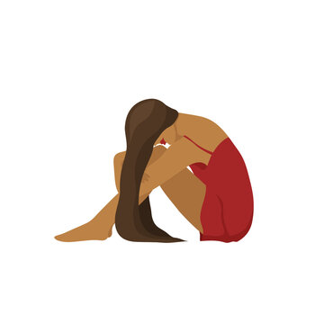 Picture of a dark skinned sad woman in red dress sitting on the floor hugging her knees. Concept of depression, oppression, restriction, abuse. Vector illustration isolated on white background