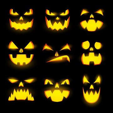 Scary glow pumpkin faces isolated vector icons, Halloween monster emoticons, jack lantern emojis, angry and gloating expressions, glowing spooky evil eyes, teeth and creepy smiles, funny creatures set