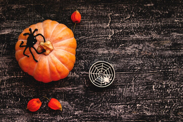 halloween pumpkin and decorations on black background - 386617163
