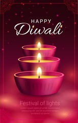 Diya lamps, vector Diwali or Deepavali light festival of Indian Hindu religion holiday. Pink clay lamps with burning fire flames and vegetable oil in frame of religious rangoli decoration