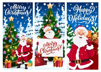 Fototapeta na wymiar Merry Christmas greeting cards or vector banners. Cartoon Santa Claus with Xmas presents sack stand at decorated fir-treesor spruce with gift boxes lying on snow. Santa holding poster with lettering