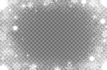 Snowflakes and snow glitter light frame on vector transparent background for Christmas and New Year winter holiday. Falling silver snowflakes with glitter shine sparks, window frost overlay