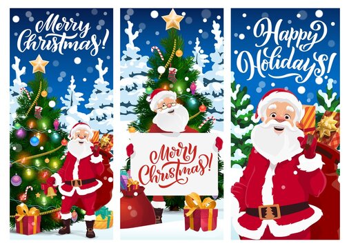 Merry Christmas greeting cards or vector banners. Cartoon Santa Claus with Xmas presents sack stand at decorated fir-treesor spruce with gift boxes lying on snow. Santa holding poster with lettering