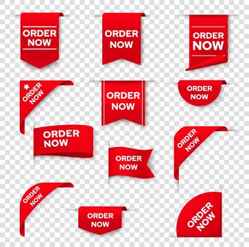 Order now red ribbon, bookmark or banner corner 3d realistic vector. Sale discount advertising, shop goods offer and products online ordering banner decoration. Price tag template of red silk or paper