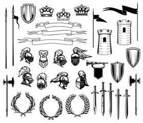 Knight heraldry vector set of medieval shields, royal crowns, knight armors, helmets and swords. Ancient towers, ribbon banners and flags, trumpet and laurel wreath, heraldic emblem or coat of arms - obrazy, fototapety, plakaty