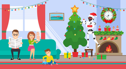 merry christmas and happy new year family spending time in living room and robot humanoid decorate spruce with balls 
