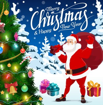Christmas tree, Santa and Xmas holiday gifts bag, Christmas and New Year vector design. Winter Xmas tree with bell, balls, stars and snowflakes, present boxes, Claus, candies, ribbons and bows