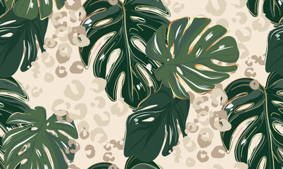 Leopard pattern, animal print seamless design greenery leaves jungle print. Monstera leaf clipart, Leopard natural pattern, cheetah safari decoration. Exotica fabric pattern, floral textile decor