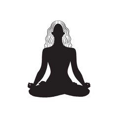 Black isolated silhouette of woman in lotus position on white background.Stock illustration.