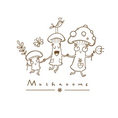 Card with cute cartoon mushrooms and plants. Funny characters. Vector contour image no fill.