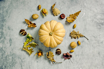 Autumn composition pumpkin. Orange pumpkin, fallen leaves, acorns, chestnuts, wooden table, top view, flat lei. Autumn harvest and Thanksgiving concept