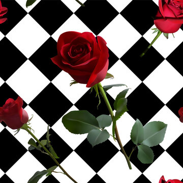 A Pattern With Red Roses With Green Leaves And A Long Stem On The Background Of A Black And White Cell