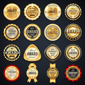 Award and quality labels vector emblems with golden frames, stars, laurel branches, crowns and ribbons. Best company or brand awards, product badges luxury design icons or stamps isolated icons set