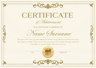 Certificate of achievement vector template, diploma, official award frame, ornate border design. Paper document for winner appreciation or graduation with golden stamp and place for name and surname