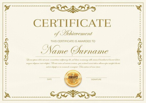 Certificate of achievement vector template, diploma, official award frame, ornate border design. Paper document for winner appreciation or graduation with golden stamp and place for name and surname