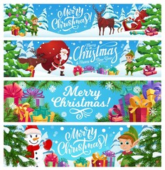 Merry Christmas vector banners set. Cartoon Santa Claus riding deer sledge in winter forest, snowman and elf helper near fir-trees or spruce with gift boxes on snow. Santa hold sack with Xmas presents