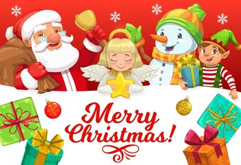 Obraz na płótnie Canvas Santa and helpers with Christmas gifts vector greeting card of Xmas winter holiday. Claus, snowman, elf and angel with bell, star and present boxes, snowflakes, ribbons, bows and ornament balls