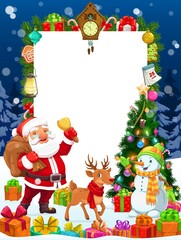 Christmas winter holidays vector blank template for greeting wishes, vector poster. Cartoon Santa with gifts bag and reindeer at Xmas tree with lights, decoration balls, golden stars and calendar