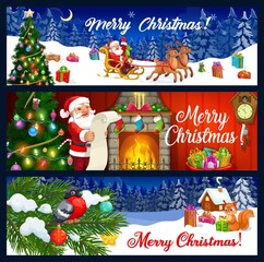Merry Christmas vector greeting banners. Santa, Xmas tree and gifts, reindeer sledge, fireplace and present boxes, stars, candy canes and balls, lights, socks and wish list, pine branches and clock
