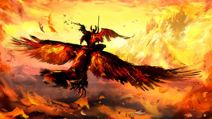 An angel with frayed wings flies to the castle with a sword at the ready, riding a huge eagle, on the background of a golden sunset and bright snowy mountains. 2D illustration