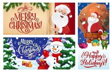 Merry Christmas greeting cards or vector posters set. Cartoon Santa Claus with snowman and elf helper, fir-trees or spruce and gift boxes lying on snow. Santa holding scroll, sack with Xmas presents