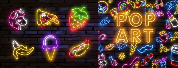 Neon patch badges with lips, hearts, speech bubbles, stars and other elements. Vector illustration Pop art icons set. Pop art neon sign. Set of neon stickers, pins, patches in 80s-90s neon style.