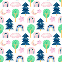 Tribal hand drawn watercolor pattern with trees, clouds and rainbow. Boho Creative scandinavian woodland background. Stylish sketch for kids. Cute forest.