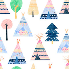 Watercolor Teepee seamless pattern. Wigwam native american summer tent illustration. Boho style pattern with ethnic teepee or wigwam, Native American ornamental background © cheesyfox