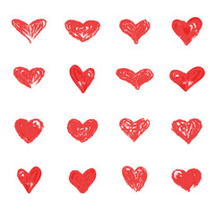 Red heart hand drawn icons set isolated on white background. Collection of hand drawn hearts for love symbol, wallpaper and Valentine's day. Creative outline frame. Heart and love vector