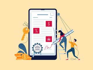 Mortgage online concept. Borrowers sign loan contract by e-signature. People affix an electronic signature to mortgage agreement. Digitally document on phone screen vector illustration, flat design