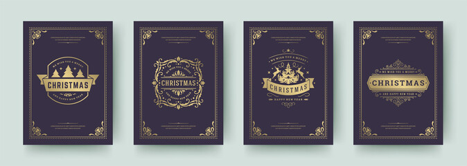 Christmas cards set vintage typographic qoutes design vector illustration