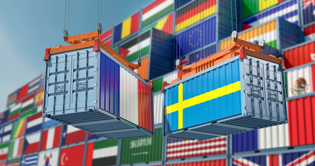 Freight containers on a Terminal with Sweden and France flag. 3D Rendering 