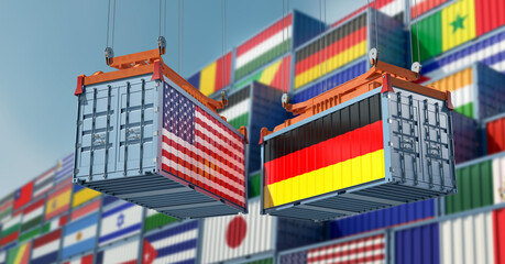 Freight containers on a Terminal with USA and German flag. 3D Rendering 