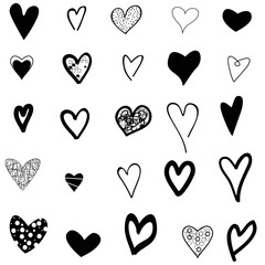 Black heart hand drawn icons set isolated on white background. Collection of hand drawn hearts for love symbol, wallpaper and Valentine's day. Creative outline frame. Heart and love vector